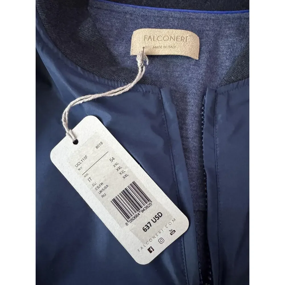 Falconeri Bomber Jacket Mens IT 54 Blue Waterproof Cashmere Lined Made Italy